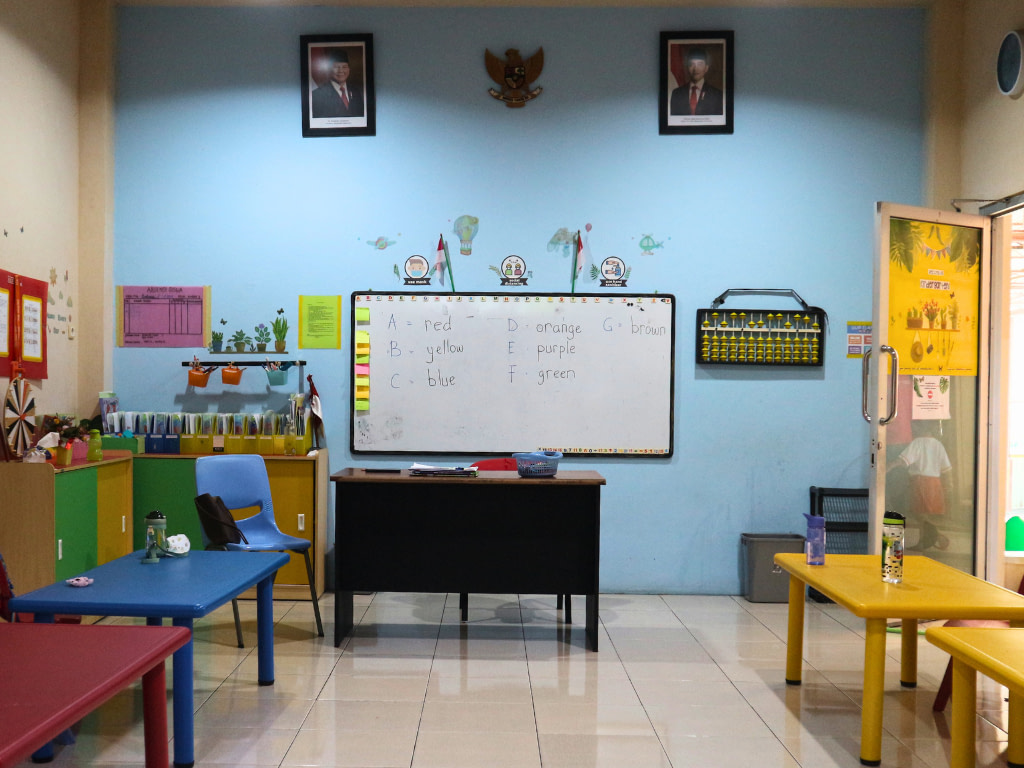 A whiteboard with blue wall in the background inside the Kindergarten class of Kiddy School Manado.